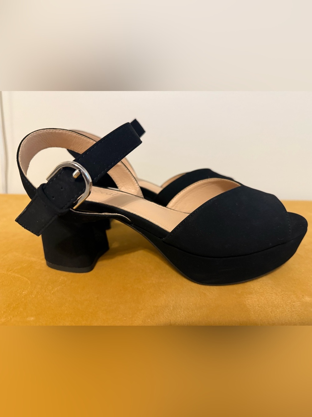Xappeal Black Suede Platform Block Heel Sandals with Ankle Strap